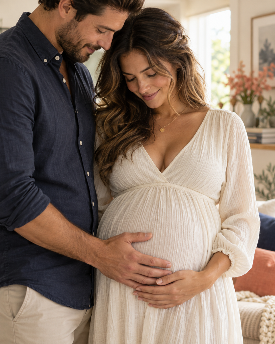 Expectant parents sharing a quiet moment at home
